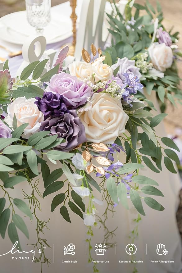 Ling's moment Purple Eucalyptus Flower Garland Wedding Arch 9 FT | Lilac Rose, Artificial Greenery, Sweetheart Table Decor, Floral Garland for Mantle, Centerpieces, Backdrop - Image 6