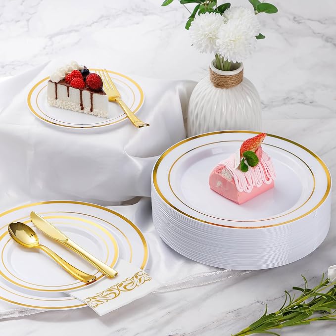 Goodluck 175 Pcs Gold Dinnerware Sets for 25 Guests, Disposable Plate Sets | Plastic Plates for Party, Include: 25 Dinner Plates, 25 Dessert Plates, 25 Paper Napkins, 25 Cups, 25 Gold Silverware Set - Image 5