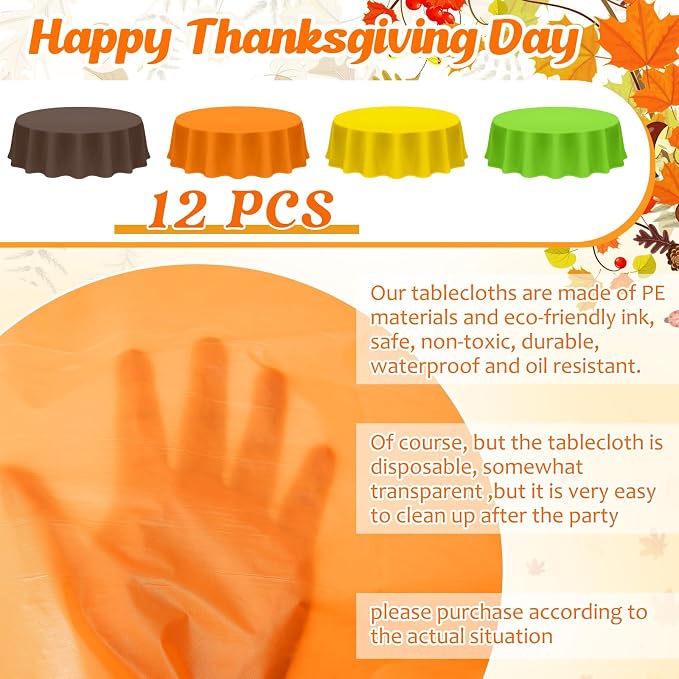 Patelai 12 Pcs 84 Inch Thanksgiving Fall Plastic Round Tablecloth Disposable Autumn Table Cover Plastic Round Tablecloths for Fall Harvest Party Decor (Orange,Yellow,Brown,Fruit Green) - Image 2