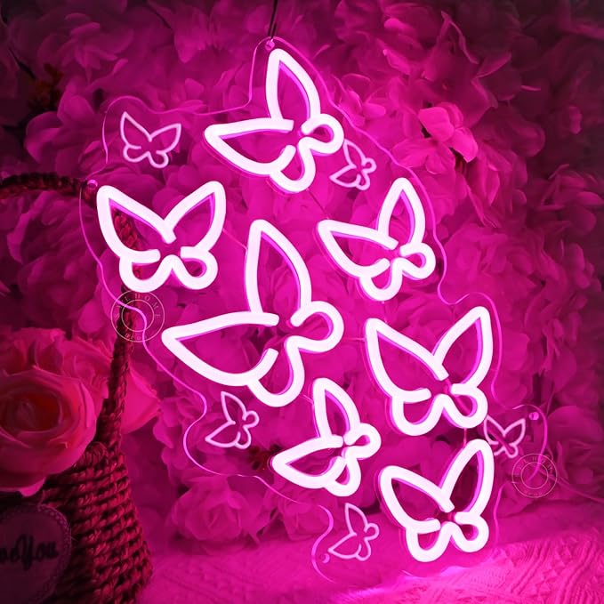 SYLHOME Pink Butterfly Led Neon Light Sign Bedroom Girls Room Kids Room Wall Sign Decor Cute Beauty Salon Birthday Christmas Party Decoration 15.75" X 10.1" USB