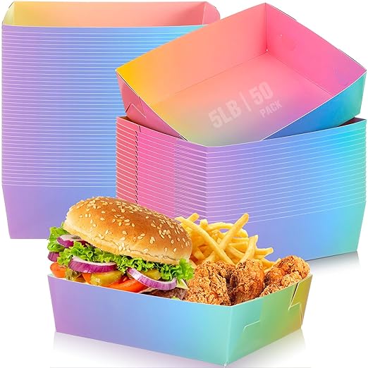 Uiifan 50 Pcs 5 lb Extra Large Paper Food Trays Disposable Food Boat Nacho Plate Serving Snack Trays Grease Resistant Self-assembly for Back to School Party Birthday Wedding Supply (Rainbow) by Uiifan