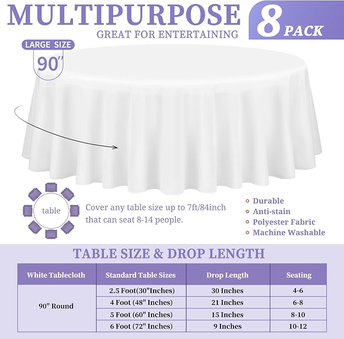Showgeous 8 Pack White Polyester 90 Inch Round Tablecloths | Soft polyester, wrinkle resistant, fade resistant, smooth finish, fine stitching, folded hems, reusable, machine washable - Image 2