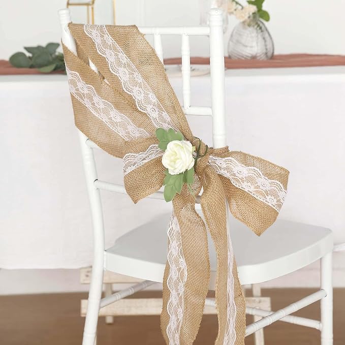 Efavormart 5"x108" | Natural Burlap with Lace Chair Sashes Covers, Hessian Fabric Rustic Jute Chair Sashes Covers, Chair Bow - Image 3
