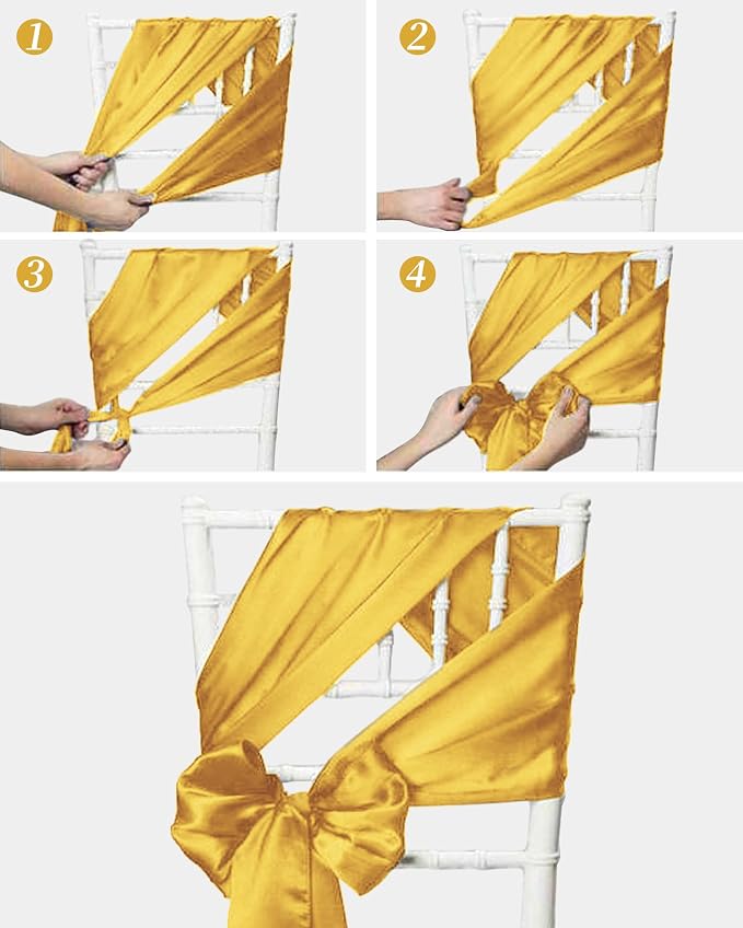 YMHPRIDE 60 PCS Gold Satin Chair Sashes,Ties Bows Designed Chair Sashes for Wedding Party Baby Shower Banquet Restaurant Hotel Folding Chairs Decoration(Gold,7x78 inch) - Image 6