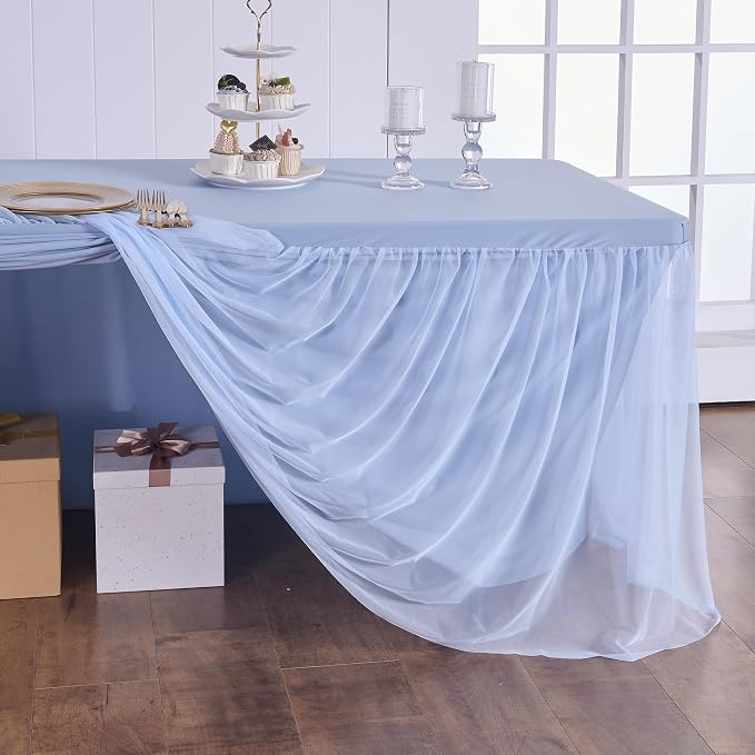 CO-AVE 2pack Dusty Blue Tulle Tablecloth for 6 Foot Rectangular Tables, 2-in-1 Elastic Stretch Spandex Cover with Tutu Ruffle Skirt, Wrinkle Free for Wedding, Birthday, Banquet, Buffet, Bridal Shower - Image 4