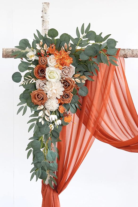 Olalaka Burnt Orange Artificial Wedding Arch Flowers Kit (Pack of 3) with 26Ft Terracotta Shiny Arch Draping Fabric for DIY Wedding Party Ceremony Reception Backdrop Floral Decoration - Image 4