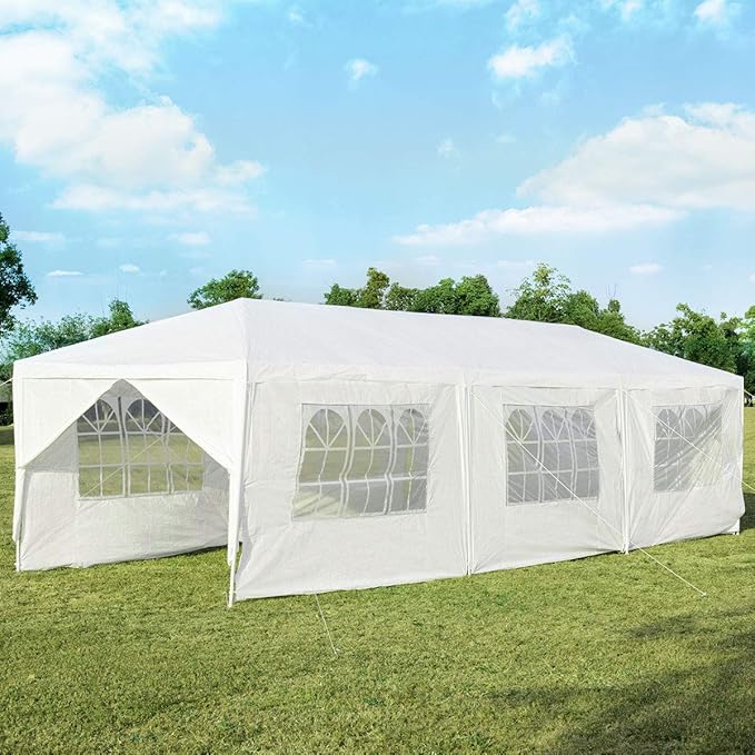 Tangkula 10' x 30' Outdoor Waterproof Gazebo Canopy w/ 6 Removable Sidewalls and 2 Doorways, Heavy Duty Large Tent w/Strong Connection Stakes Ropes for Party Wedding Events Beach BBQ (White)