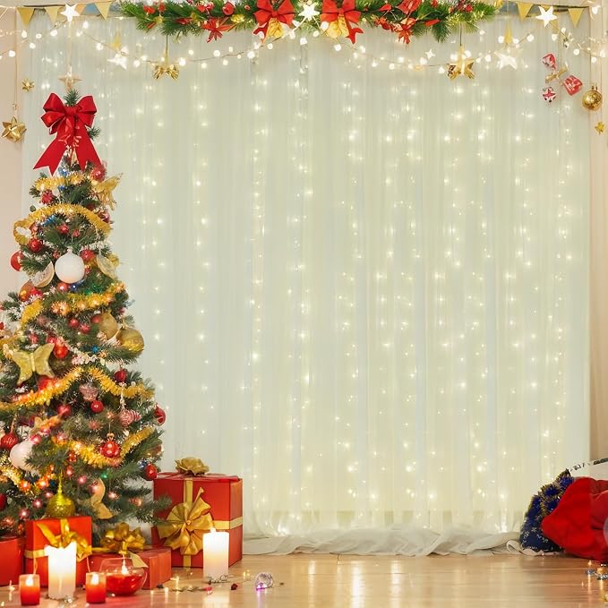 20ft x 10ft Ivory Backdrop Curtain with Lights String for Parties, Sheer Tulle Wedding Photo Backdrops Drapes for Baby Shower Birthday Party Decorations Background for Photography - Image 7