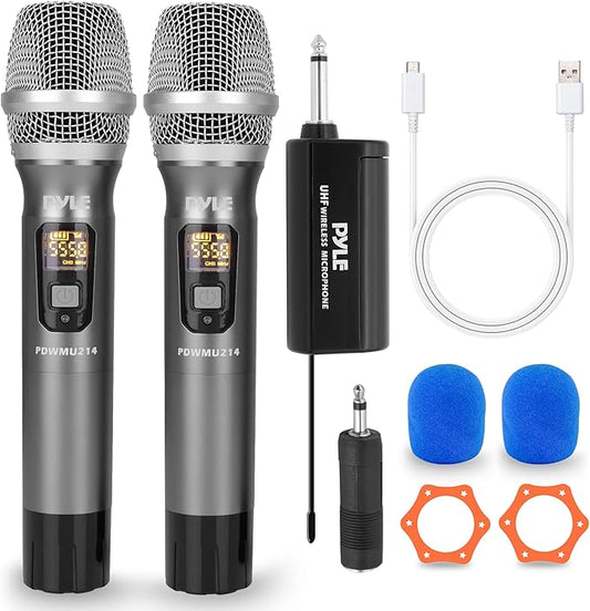 Pyle Dual UHF Wireless Microphone System - Professional Handheld Dynamic Cordless Mics with Receiver Kit - Battery Powered, Unidirectional, Clear Vocals w/ 165ft+ Range - for PA, Karaoke, DJ, Party