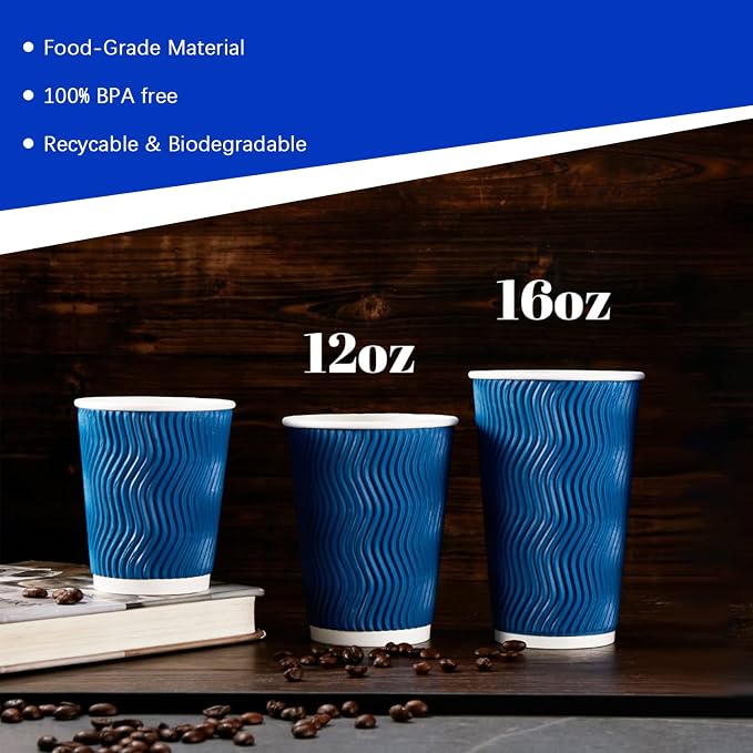 Lamosi 500 Count 12 oz Insulated Disposable Paper Coffee Cups Bulk No Lids | Corrugated Cups 12oz, Kraft Ripple Wall Design for Hot Beverage or Cold Drink Office Home Party Travel Cafe (Navy) - Image 5
