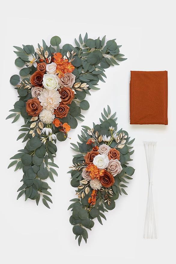 Olalaka Burnt Orange Artificial Wedding Arch Flowers Kit (Pack of 3) with 26Ft Terracotta Shiny Arch Draping Fabric for DIY Wedding Party Ceremony Reception Backdrop Floral Decoration - Image 3