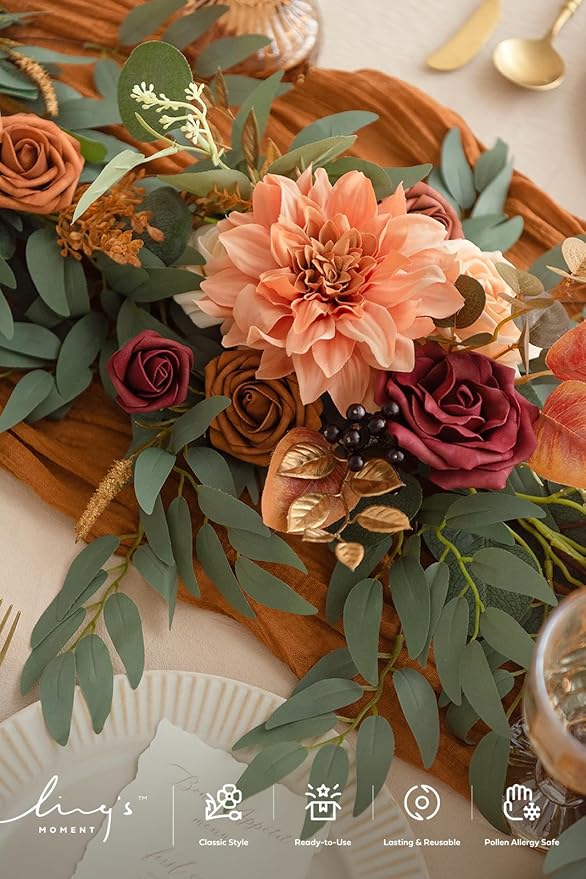 Ling's moment Terracotta Artificial Flower Garland Fall Wedding Arch 6 FT | Burnt Orange Rose & Eucalyptus, Greenery, Sweetheart Table Decor, Floral Garland for Mantle, Centerpieces, Backdrop - Image 3