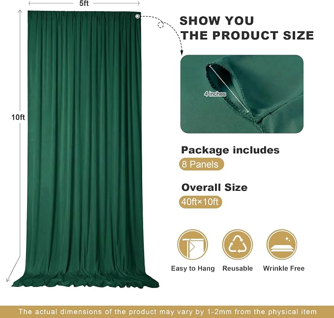 40x10ft Hunter Green Backdrop Curtains for Parties, 8 Panels 5x10ft Wrinkle-Free Polyester Background Curtains for Wedding, Birthday, Baby Shower,Graduation, Decorations - Image 4
