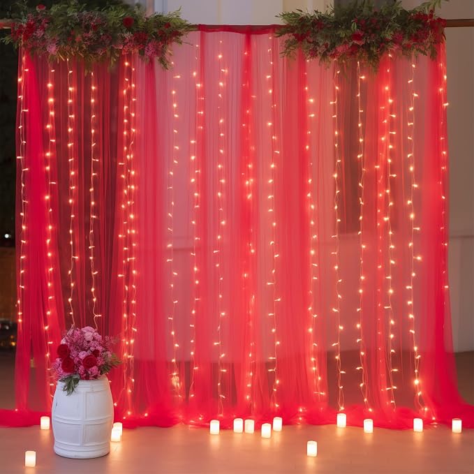 10ft x 8ft Red Backdrop Curtain with Lights String for Parties, Sheer Tulle Wedding Photo Backdrops Drapes for Baby Shower Birthday Party Decorations Background for Photography - Image 5