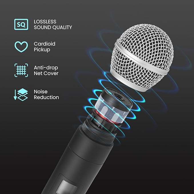 Wireless Microphone System, 4x50 Channels Cordless Handheld Microphones, 200FT UHF Range, Mics with Stable Signal Transmission for Karaoke Singing Party Church Wedding PA Speaker