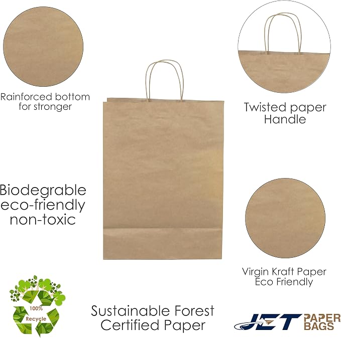 JET PAPER BAGS - 300Pack Kraft Paper Bags with Handles Bulk, 12.5x6.5x15.5 Inch Brown Paper Bags, Kraft Shopping for Small Business Merchandise,Wedding Party Favor - Image 4