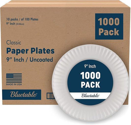 Bluetable 9 Inch Paper Plates Bulk – 1000 Count - Uncoated White 9” Dinner Plate Pizza Plate Decorative Craft Paper Plates Disposable Plates [1000 Pack/Case] by Bluetable