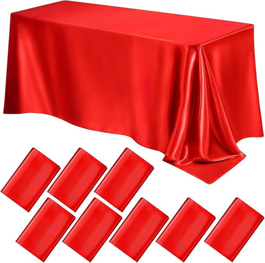 Lounsweer 8 Packs Satin Tablecloth 102 x 58 Inches Rectangle Table Cover Silk Smooth Fabric Party Table Cloth for Rectangle Parties, Holiday Dinner Wedding Banquet Decoration(Red)