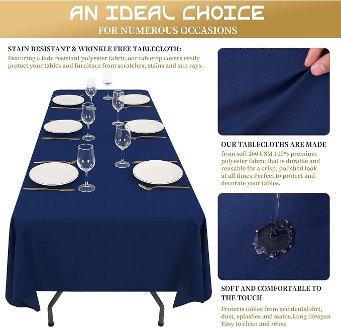 Showgeous 4 Pack Navy Blue Polyester 60x102 Inch Tablecloths | Soft polyester, wrinkle resistant, fade resistant, smooth finish, fine stitching, folded hems, reusable, machine washable - Image 5
