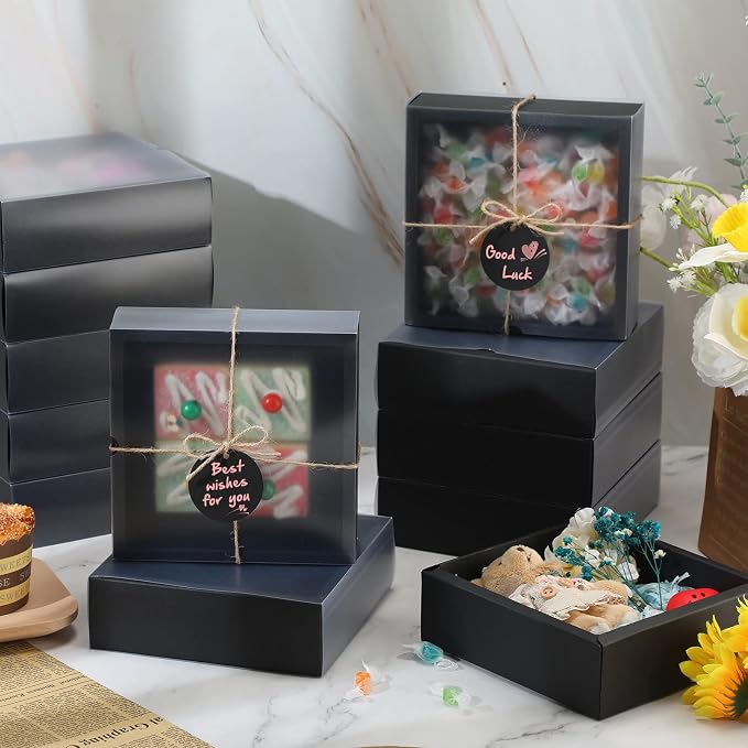 Roowest 50 Sets Kraft Homemade Gift Box Bundle with Blank Tags and Jute String (101 Items) for Jewelry Candy Wrapping Party Favor(6.5 x 6.5 x 2 Inch,Black) - Image 3