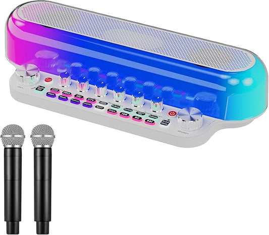 Audio Mixer for Karaoke, Bluetooth Karaoke Machine with Speaker & 2 Wireless Microphones for Adults & Kids, Audio Interface Sound Board w/RGB Effect, Voice Changer
