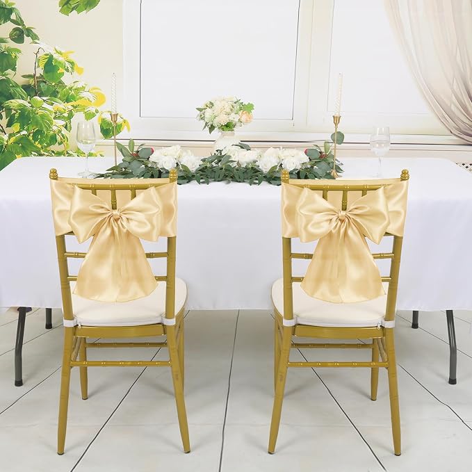 YMHPRIDE 60 PCS Champagne Satin Chair Sashes,Ties Bows Designed Chair Sashes for Wedding Party Baby Shower Banquet Restaurant Hotel Folding Chairs Decoration(Champagne,7x78 inch) - Image 2