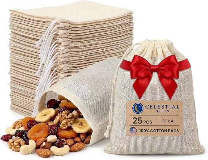 Celestial Gifts Muslin Drawstring Bags, 25pcs, 3x4 Inches, 100% Cotton, Reusable Pouches for Jewelry, Tea, Spices, Small Gifts, Sachets, Crafts, Made in USA, Natural Hem & Drawstring by CelestialGifts