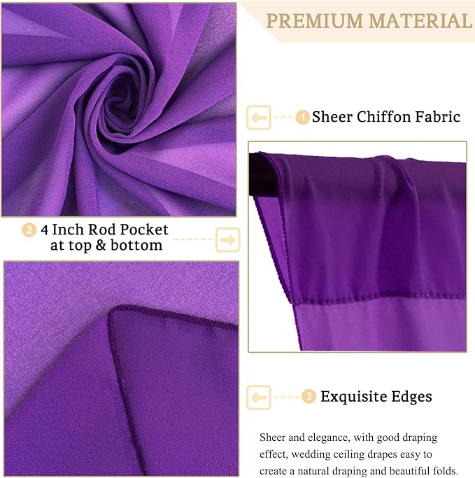 MODFUNS Wedding Ceiling Drapery Purple 5x30FT 2 Panels Sheer Wedding Arch Drapes Chiffon Fabric Ceiling Curtains Drapes for Party Tulle Backdrop Curtains Birthday Banquet Arch Draping - Image 4