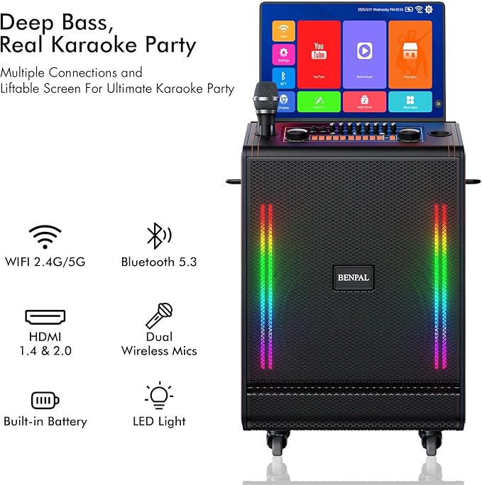 Smart Karaoke Machine with 17.3 Inch Touch Screen & Lyrics Display, Up to 1200W Powerful Speaker, Super Deep Bass Sound for Home Party, Outdoor - Perfect for Adults, Kids, Singers & Music Lovers