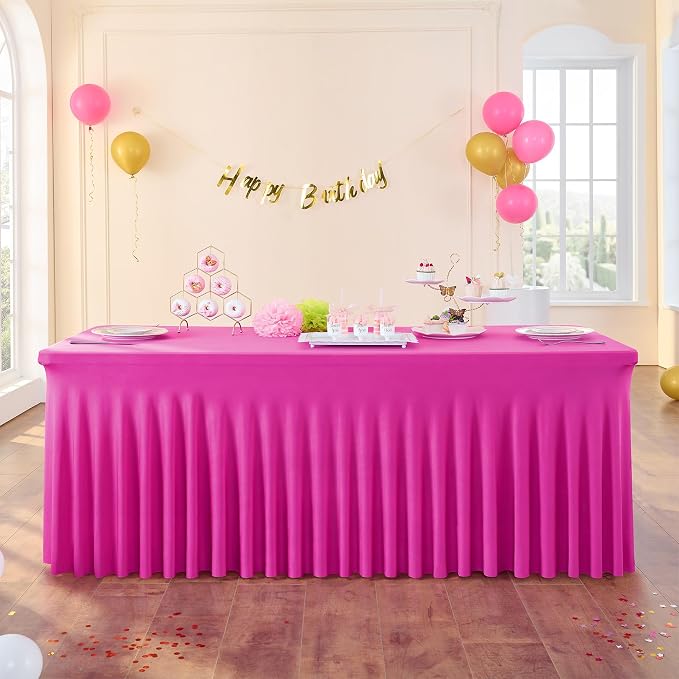 3 Pack Hot Pink Spandex Tablecloth for 8 Foot Rectangle Tables, Wrinkle Free Fitted Table Cloth Cover 8ft Fuchsia Stretchy Tablecloths Desk Skirt for Parties Weddings Birthday Banquet Baby Shower - Image 7
