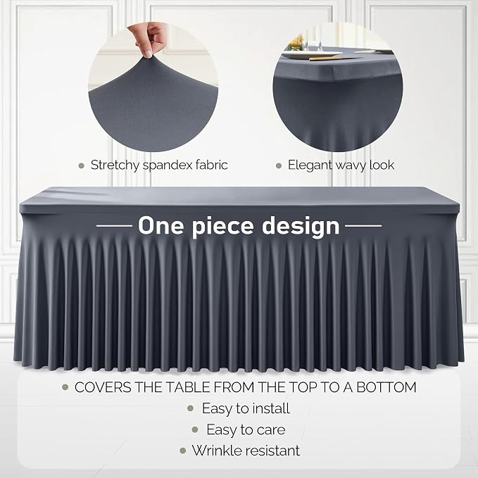 6 Packs Grey Table Clothes for 8 Foot Rectangle Tables, One-Piece Wrinkle Resistant Stretch Spandex Table Covers with Skirt for Event Banquet Wedding Birthday Party - Image 2