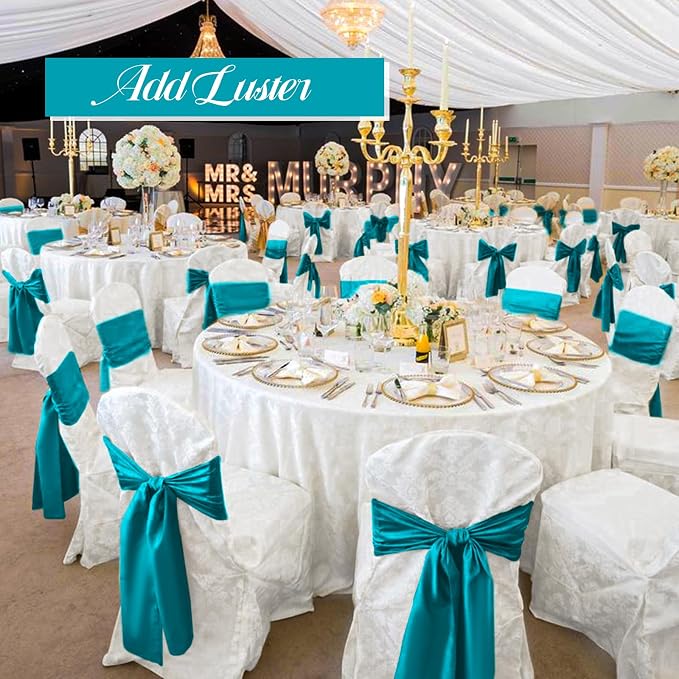 Showgeous 50 Pack Turquoise Satin Chair Sashes Bows,7x108 Inches | Silky satin finish, secure stitching, overlocked edges, flexible tie styling, reusable, machine washable - Image 5