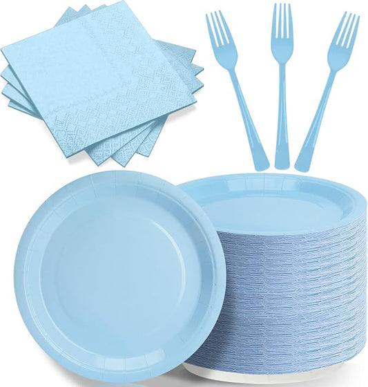 Light Blue Party Plates and Napkins, Include 7’’ Disposable Baby Blue Paper Dessert Plate Napkins Forks Party Supplies for Birthday, Baby Shower, Wedding, Picnics Party Decorations for Serves 50 by CENLBJ