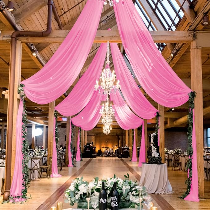 MODFUNS 4 Panels Pink Ceiling Drapes for Weddings 5x20FT Wedding Arch Draping Fabric Sheer Chiffon Curtains for Backdrop Wedding Ceiling Curtain Chiffon Fabric Drapery Wedding Stage Hall Ceiling Decor by MODFUNS