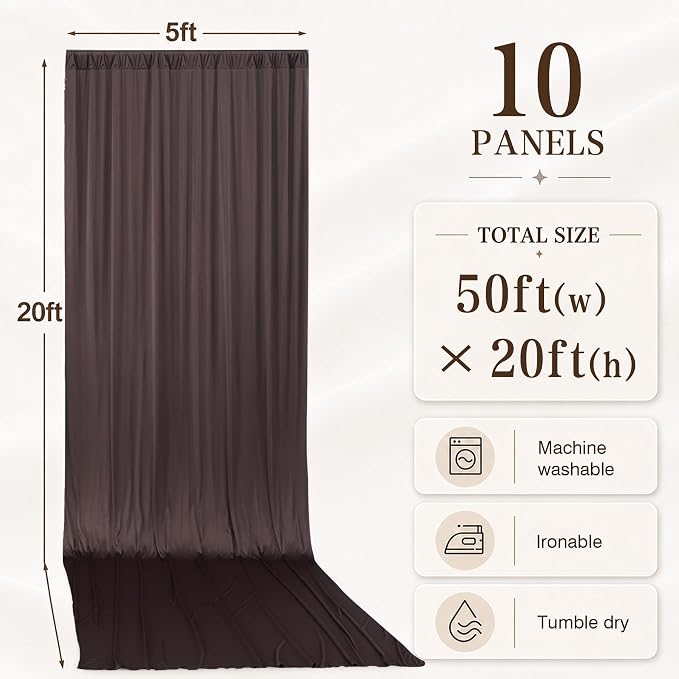 10 Panels 5x20ft Brown Ceiling Drapes for Wedding Parties, Wrinkle Free Thick Polyester 20ft Extra Long Wedding Draping Brown Ceiling Curtains Arch Drapery for Birthday Party Canopy Tent Decor - Image 5