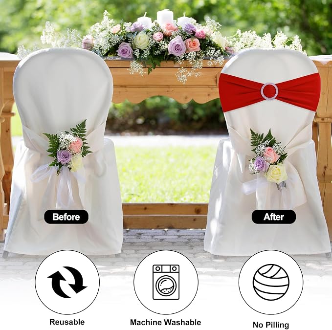 Red Chair Sashes 25 Pack Spandex Stretch Chair Band Sashes with Buckles for Folding Chairs Wedding Party Reception Baby Shower Events Banquet Decorations - Image 4