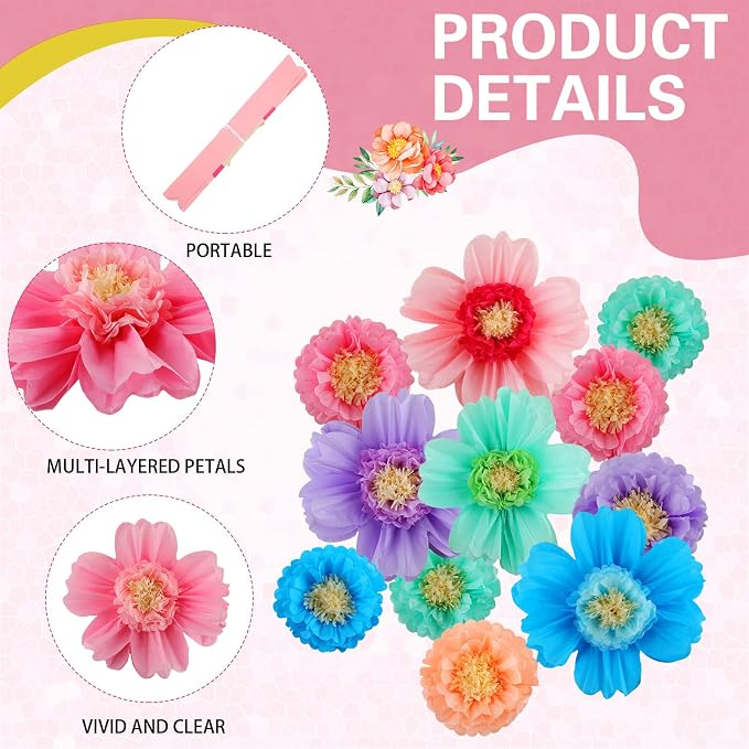 Crowye 24 Pcs Large Tissue Paper Flower Decor,10'' 20'',Colorful | Giant Craft Crepe Paper Flower, Colorful, for Wall Decorations Backdrop Mexican Wedding Birthday Carnival School Party - Image 3