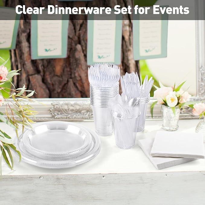 Aodaer 200 Pieces Clear Party Supplies Disposable Dinnerware Set Include Plastic Plates Cups Knives Forks Spoons Paper Napkins for Birthday Wedding Graduation Parties, Serve 25 Guests - Image 5