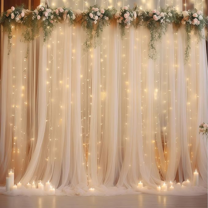 10×10ft Champagne Tulle Backdrop Curtain with Lights String for Parites, Sheer Photo Curtain Backdrop Drapes for Wedding Party Photography Backgrounds by WishCare