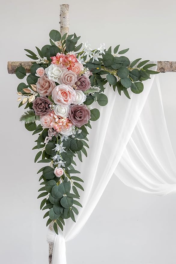 Olalaka Dusty Rose Artificial Wedding Arch Flowers Kit (Pack of 3) with 26Ft White Shiny Arch Draping Fabric for DIY Wedding Party Ceremony Reception Backdrop Floral Decoration - Image 6