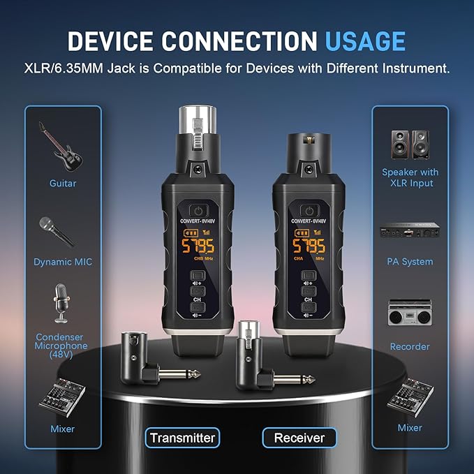 Wireless XLR Transmitter and Receiver UHF Wireless Microphone Adapter for 164FT Range 8-Hours Battery Wireless Mic Adapter For Condenser, Dynamic Mics, PA System,Mixer.