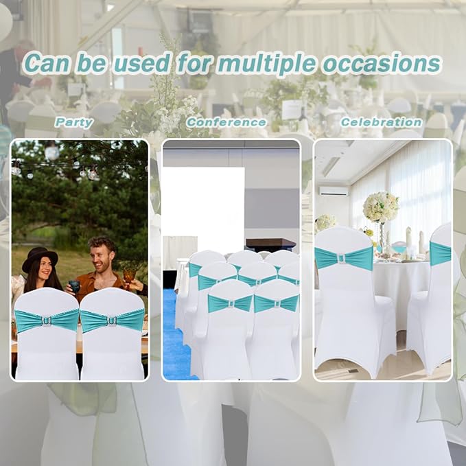 Joccun 60 PCS Spandex Chair Sashes Bows Stretch Chair Cover Band with Buckle Slider Universal Elastic Chair Ties for Wedding Banquet Party Event Decoration (Turquoise) - Image 7