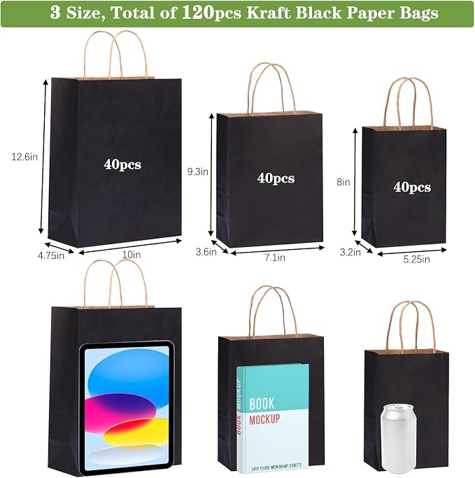 OUTUXED 120pcs Paper Bags with Handles Assorted Sizes Kraft Black Paper Gift Bags Bulk 3 Mixed Sizes for Retail, Party, Birthday, Gift, Shopping, Business, Merchandise - Image 2