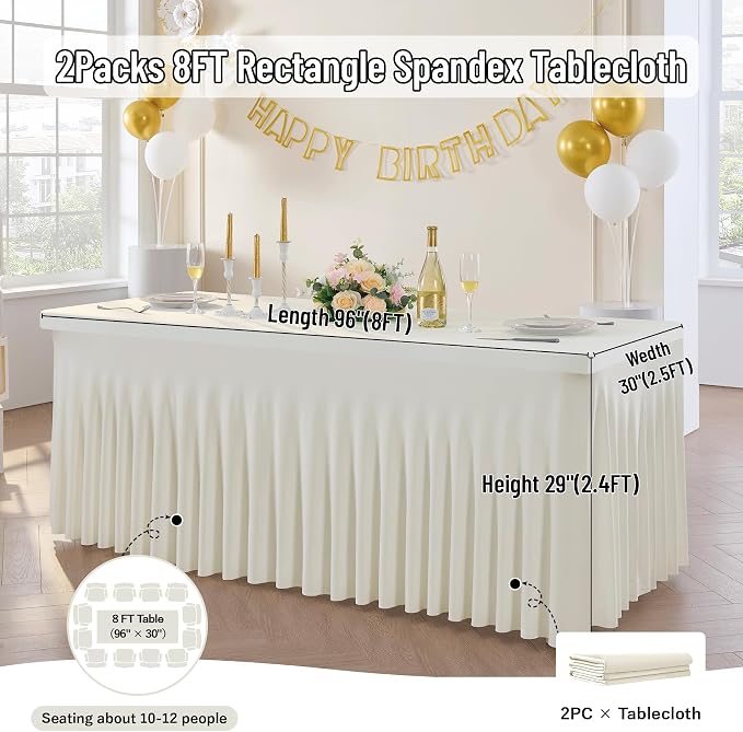 leegleri 2 Pack Ivory Spandex Fitted Table Clothes for 8 Foot Rectangle Tables, Wrinkle Free 8ft Spandex Table Cover with Skirt for Banquet Weddings Parties - Image 4