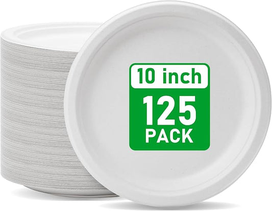 RACETOP Compostable 10 Inch [125 Pack] Paper Plates | Disposable White Bagasse Plate, Heavy-Duty Biodegradable Plates, Eco-Friendly, Made of Natural Sugarcane Fibers by RACETOP