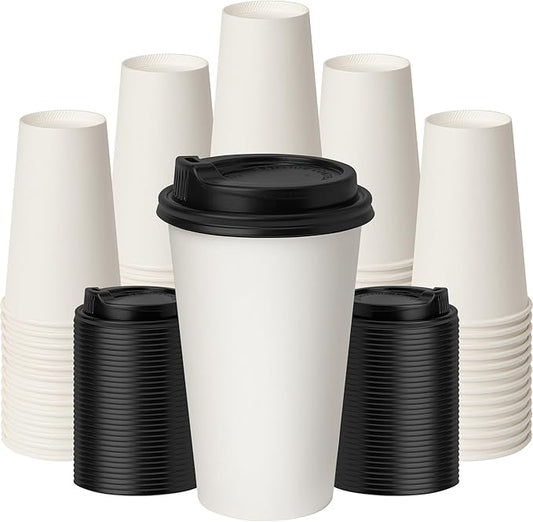 16 oz Coffee Cups with Lids 100 Pack,White Leak-Proof Disposable Coffee Cups for Hot/Cold Beverages, Party Supplies, To-Go Paper Cups for Coffee, Tea, Office, Picnic by ECOEXTRA