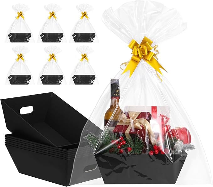 10PACK Black Baskets For Gifts Empty, 10x12”Thick Kraft Gift Basket with 10 Bows 10 Bags Empty Gift Baskets for Christmas, Easter, Birthdays, Snacks, Farmers Market by AFOROEOA
