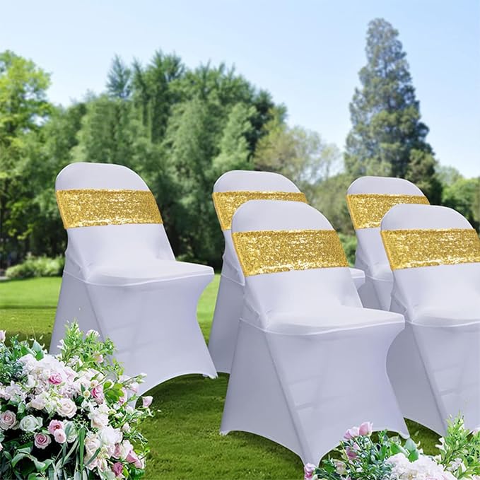 All Sequin Gold Chair Sashes 100 Pack, Gold Sequin Chair Sashes Bows for Wedding Party Folding Chair Decoration, Golden Chairs Band with Buckles for Fiesta Event Decorations - Image 2
