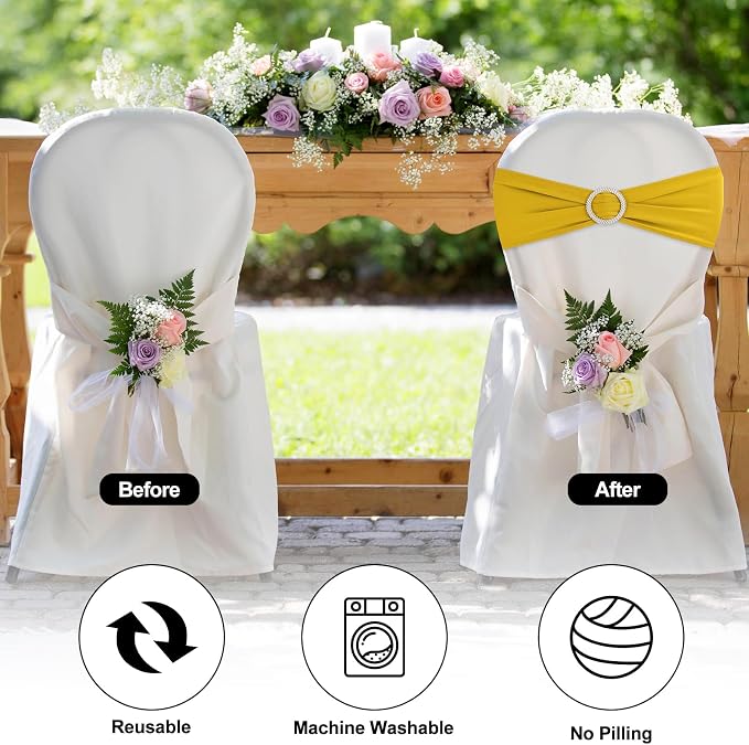 Gold Chair Sashes 25 Pack Spandex Stretch Chair Band Sashes with Buckles for Folding Chairs Wedding Party Reception Baby Shower Events Banquet Decorations - Image 4