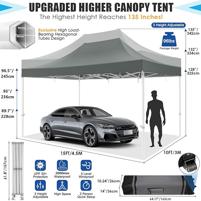 Cobizi Heavy Duty 10x15 Pop Up Canopy Tent Without sidewall, Easy Up Canopy Outdoor for Backyard Party Wedding, Instant Commercial Tent with Roller Bag, Waterproof UV 50+ (Upgraded Legs), Gray